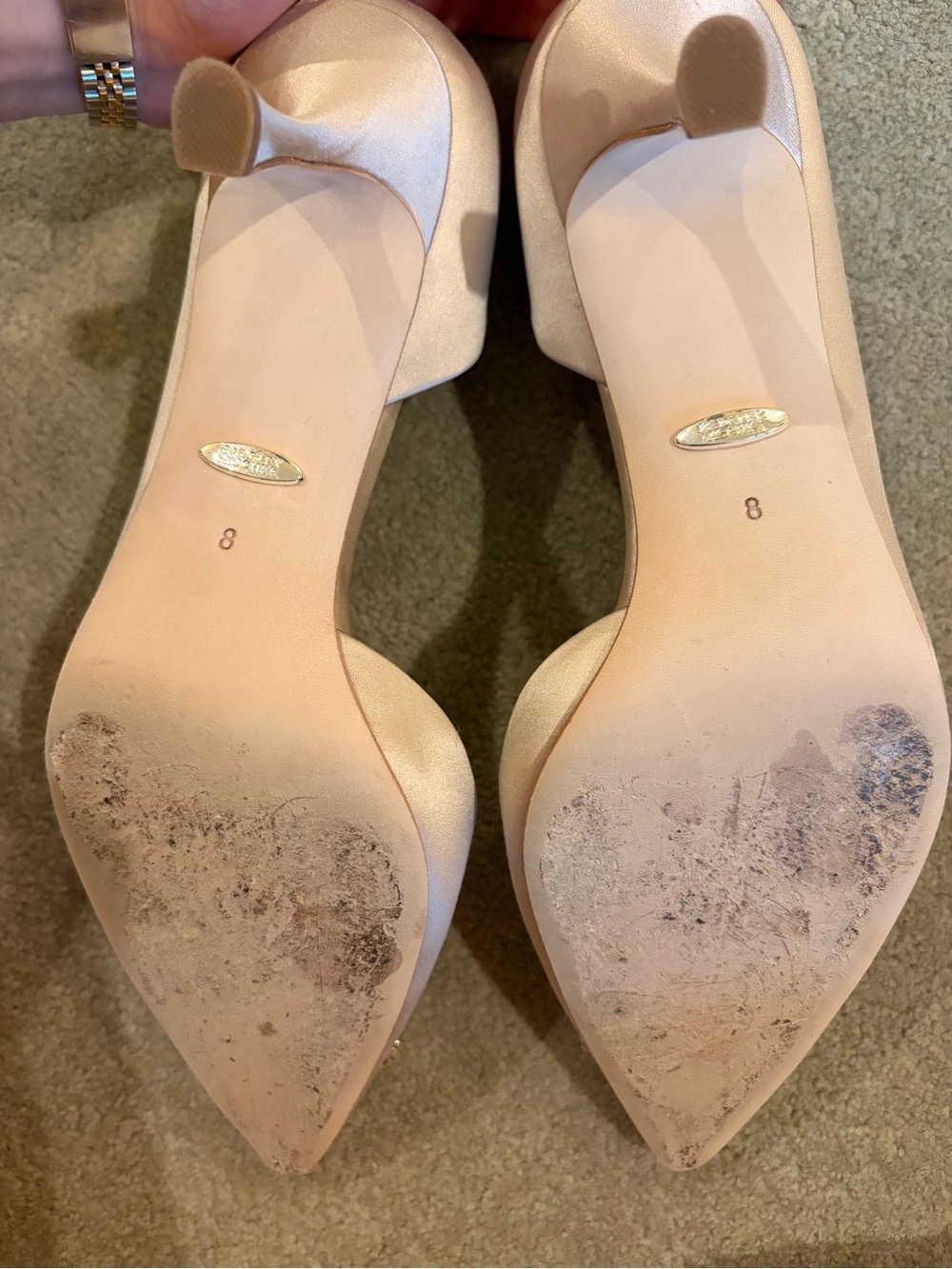 Badgley Mischka Blush Nude Satin Pointed Toe Pumps with Crystal Buckle - Picture 2 of 7